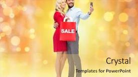  Presentation with christmas sale - Theme having people christmas sale technology and holidays concept - happy young woman and man with red shopping bag taking selfie by smartphone over lights background background and a yellow colored foreground