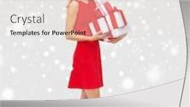  Presentation with happy holidays - PPT theme consisting of people christmas winter and holidays concept - happy young woman in red dress holding gift boxes over snow background background and a lemonade colored foreground