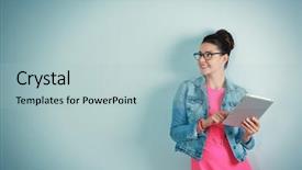  Presentation with hands holding black tablet - Beautiful presentation design featuring people color - cute young woman holding tablet backdrop and a light blue colored foreground