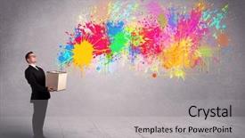  Presentation with spray paint - Presentation theme consisting of people colored boxes - young smiling business male holding background and a light gray colored foreground