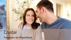  Presentation with dating - Slides with people communication and dating concept - happy couple hugging at cafe or restaurant background and a coral colored foreground