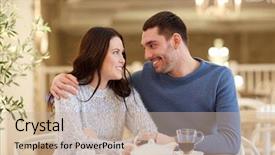  Presentation with dating - Slide set consisting of people communication and dating concept - happy couple drinking tea and hugging at cafe or restaurant background and a mint green colored foreground