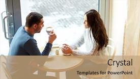  Presentation with dating - Colorful slide deck enhanced with people communication and dating concept - happy couple drinking tea and coffee at cafe backdrop and a coral colored foreground