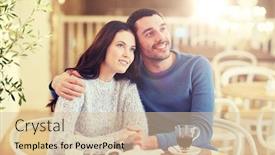  Presentation with dating - Slide deck enhanced with people communication and dating concept - happy couple drinking tea and hugging at cafe or restaurant background and a lemonade colored foreground