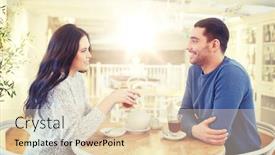  Presentation with dating - Colorful theme enhanced with people communication and dating concept - happy couple drinking tea at cafe or restaurant backdrop and a lemonade colored foreground