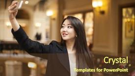  Presentation with take - Beautiful slide deck featuring people comunication - beautiful smiling brunette woman take backdrop and a tawny brown colored foreground