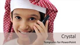  Presentation with speaking - Presentation design featuring people comunication - portrait of arabian kid speaking background and a coral colored foreground