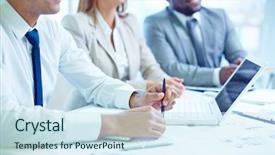  Presentation with animated business people - Slides with people concentrated at the meeting background and a sky blue colored foreground