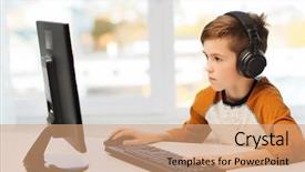  Presentation with children education - Audience pleasing theme consisting of people concept - boy with computer backdrop and a coral colored foreground