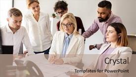  Presentation with architecture construction - PPT theme featuring people concept - business team background and a coral colored foreground