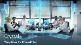  Presentation with virtual team - Cool new presentation theme with statistics technology and people concept - business team with smartphones computers and virtual screens projections waving hands at office backdrop and a ocean colored foreground