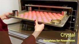  Presentation with confectionery - Slide set enhanced with people concept - chef with macarons background and a  colored foreground