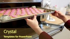  Presentation with baking concept on dark - Colorful PPT theme enhanced with people concept - chef with macarons backdrop and a  colored foreground
