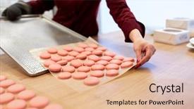  Presentation with baking concept on dark - Slide deck featuring people concept - chef with macarons background and a coral colored foreground