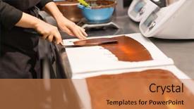  Presentation with chocolate shop - Presentation design enhanced with people concept - confectioner making chocolate background and a coral colored foreground