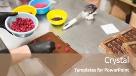  Presentation with chocolate shop - Colorful presentation enhanced with people concept - confectioner making chocolate backdrop and a coral colored foreground
