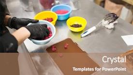  Presentation with chocolate shop - Cool new PPT layouts with people concept - confectioner making chocolate backdrop and a coral colored foreground