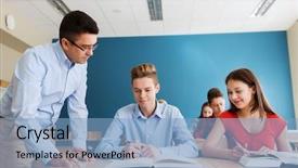  Presentation with people talking - Cool new PPT layouts with people concept - group of student backdrop and a light blue colored foreground