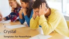  Presentation with students thinking - Presentation design enhanced with people concept - group of students background and a coral colored foreground