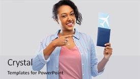  Presentation with passport travel - Colorful presentation theme enhanced with people concept - happy african american backdrop and a light blue colored foreground