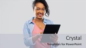  Presentation with computer network - Slide set consisting of people concept - happy african american background and a light gray colored foreground