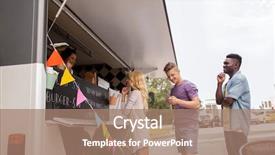  Presentation with food truck - Presentation having people concept - happy customers queue background and a coral colored foreground