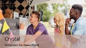  Presentation with people street - Slide deck consisting of people concept - happy customers queue background and a coral colored foreground