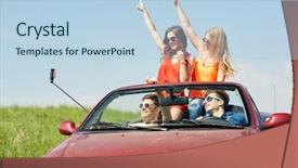  Presentation with road trip - Colorful PPT theme enhanced with people concept - happy friends driving backdrop and a light blue colored foreground