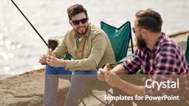  Presentation with sea fishing - PPT theme consisting of people concept - happy friends fishing background and a coral colored foreground