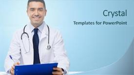  Presentation with clipboard stethoscope - PPT theme having people concept - happy male doctor background and a light blue colored foreground