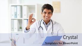  Presentation with clipboard stethoscope - Audience pleasing slide set consisting of people concept - happy male doctor backdrop and a light blue colored foreground