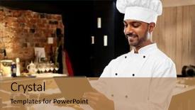  Presentation with black people - Cool new PPT layouts with cooking profession and people concept - happy male indian chef in toque with clipboard over black chalkboard background backdrop and a coral colored foreground