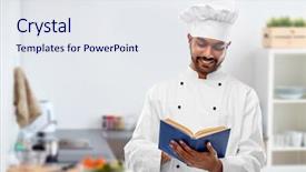  Presentation with cooking chef - PPT layouts enhanced with chef in toque reading cookbook background and a sky blue colored foreground