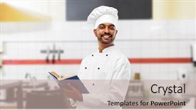  Presentation with indian restaurant - Audience pleasing PPT theme consisting of chef in toque with cookbook backdrop and a soft green colored foreground