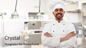  Presentation with indian restaurant - Slide set featuring chef in toque with cross background and a soft green colored foreground