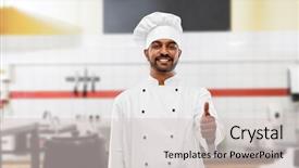  Presentation with indian restaurant - PPT theme consisting of cooking profession and people concept - happy male indian chef in toque showing thumbs up over restaurant kitchen background background and a lemonade colored foreground