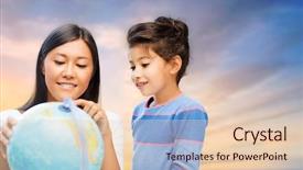  Presentation with travel globe - PPT layouts having family education travel and people concept - happy mother and daughter with globe over evening sky background background and a lemonade colored foreground