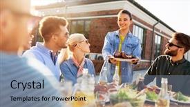  Presentation with summer party - Slide deck with people concept - happy party host background and a seafoam green colored foreground