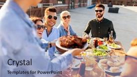  Presentation with summer party - Presentation theme consisting of people concept - happy party host background and a light blue colored foreground