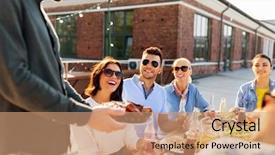  Presentation with summer party - Slides consisting of people concept - happy party host background and a coral colored foreground