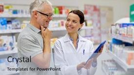  Presentation with senior care - Colorful presentation theme enhanced with people concept - happy pharmacist backdrop and a lemonade colored foreground