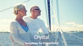  Presentation with boat tourism - Colorful presentation theme enhanced with sailing age tourism travel and people concept - happy senior couple hugging on sail boat or yacht deck floating in sea backdrop and a seafoam green colored foreground