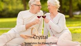 Presentation with old age - PPT theme featuring old age holidays leisure and people concept - happy senior couple with picnic basket and wine glasses sitting on blanket at summer park background and a lemonade colored foreground