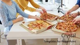  Presentation with lunch - Audience pleasing PPT theme consisting of people concept - happy team eating backdrop and a coral colored foreground