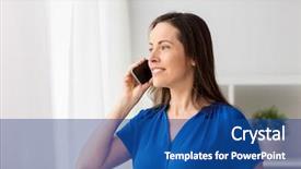  Presentation with information communication technology - Beautiful theme featuring people concept - happy woman calling backdrop and a ocean colored foreground