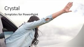  Presentation with road trip cars - Cool new theme with people concept - happy woman waving backdrop and a  colored foreground