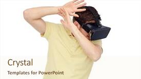  Presentation with virtual reality therapy - Colorful PPT layouts enhanced with people concept - happy young man backdrop and a cream colored foreground