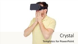  Presentation with virtual reality shooter - Audience pleasing theme consisting of people concept - happy young man backdrop and a lemonade colored foreground