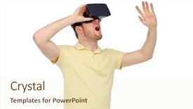  Presentation with virtual reality shooter - Presentation design consisting of people concept - happy young man background and a  colored foreground