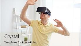  Presentation with virtual technology - Presentation theme enhanced with people concept - happy young man background and a lemonade colored foreground